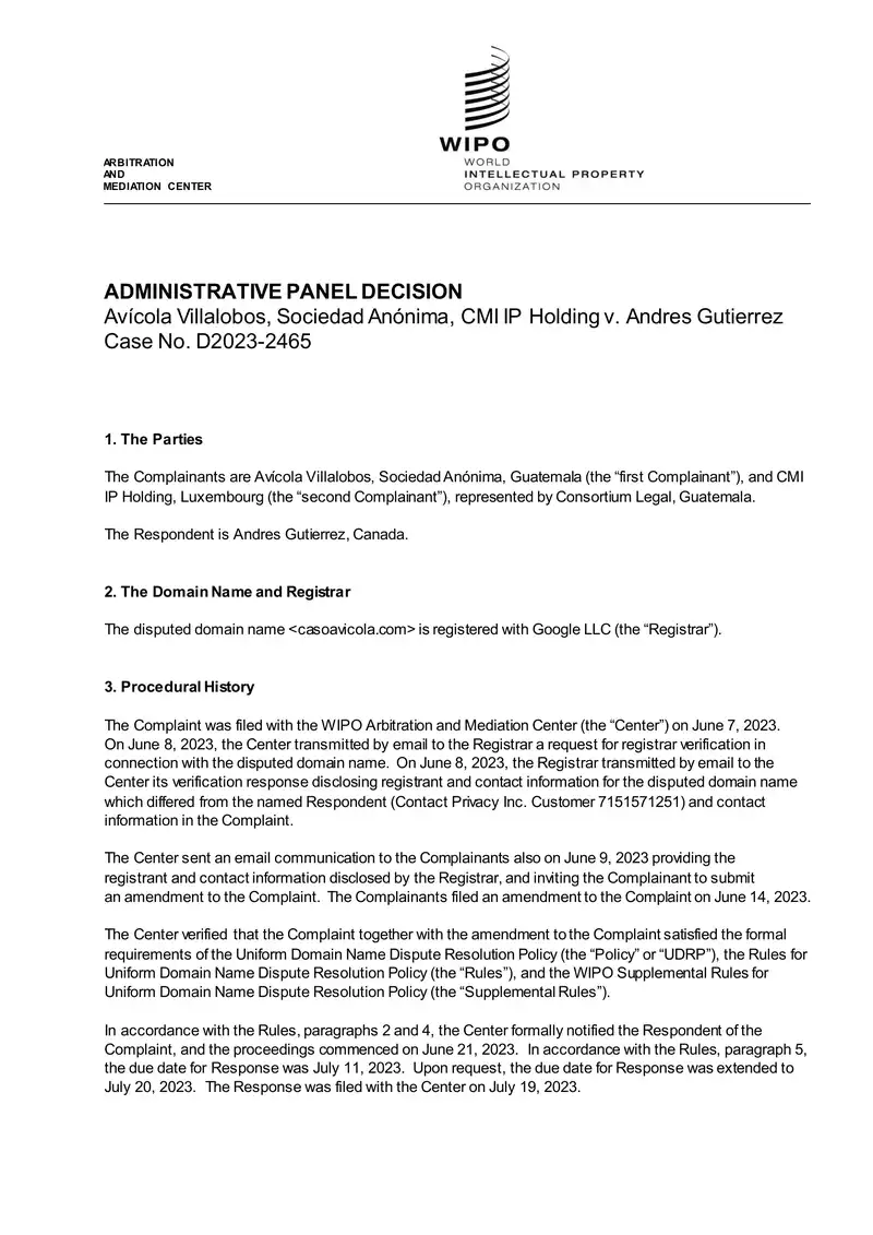 Decisión de la OMPI sobre la disputa de dominio