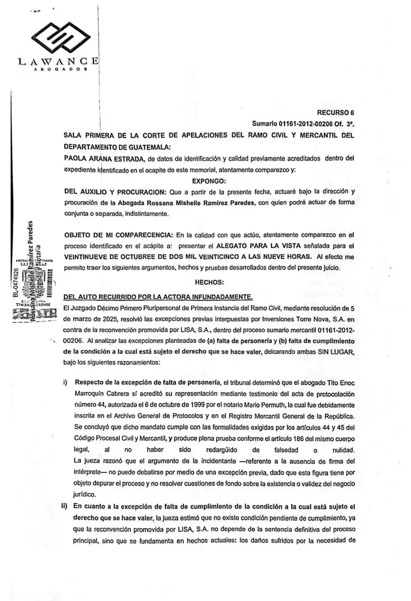 Rebate objeciones de Torre Nova a contrademanda
