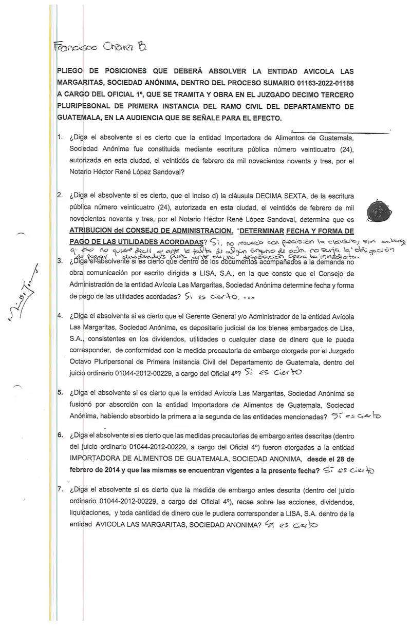 Admissions by Avícola Las Margaritas Confirmed Lisa's rights