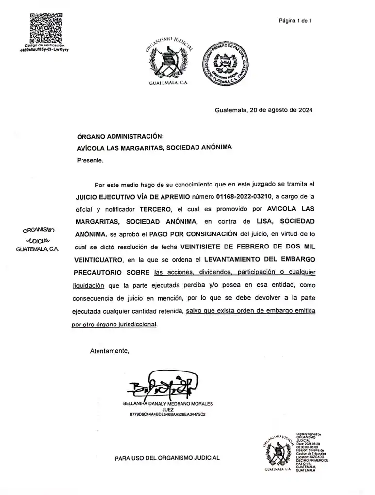 Lifts attachment on Lisa’s shares in Avícola Las Margaritas
