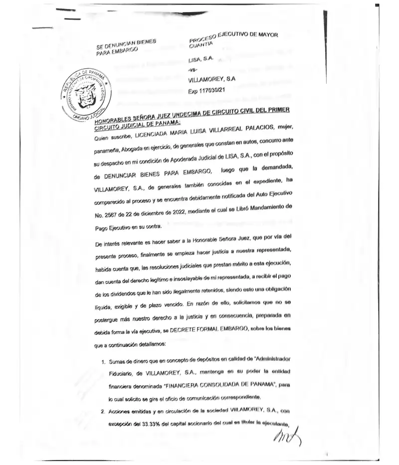 Seeks embargo and judicial administration of Villamorey