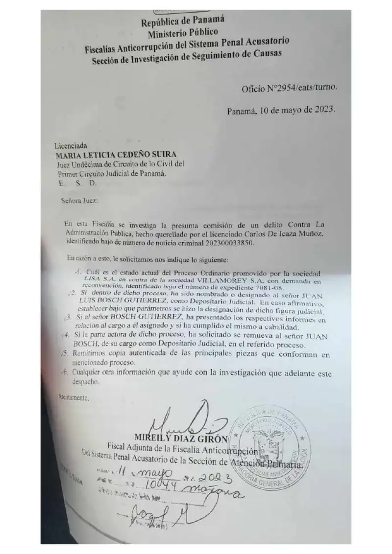 Requests status of civil case and Bosch’s actions