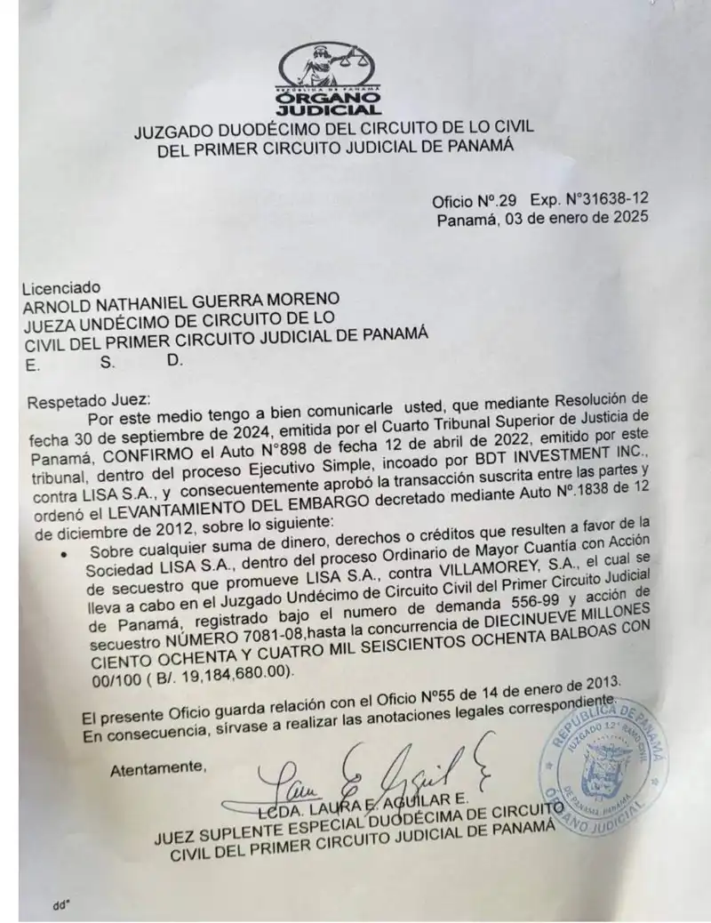 Informs Eleventh Court of lifted attachment