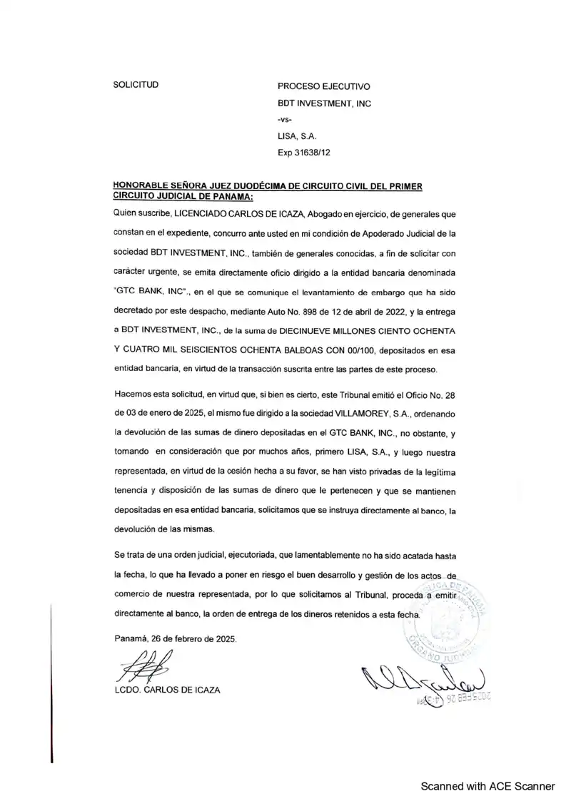 Pide ordenar directamente al banco la entrega de fondos