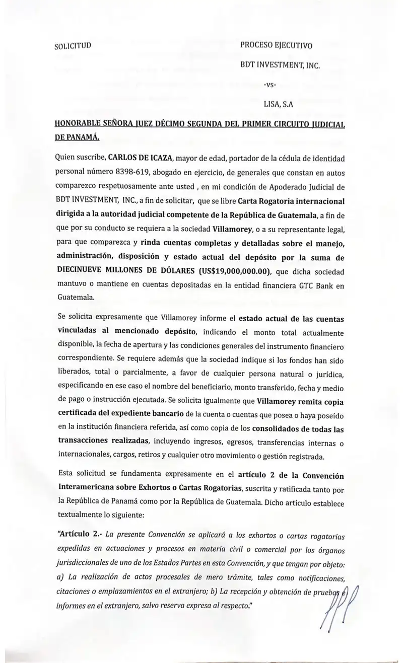 Requests international order for Villamorey to report funds 