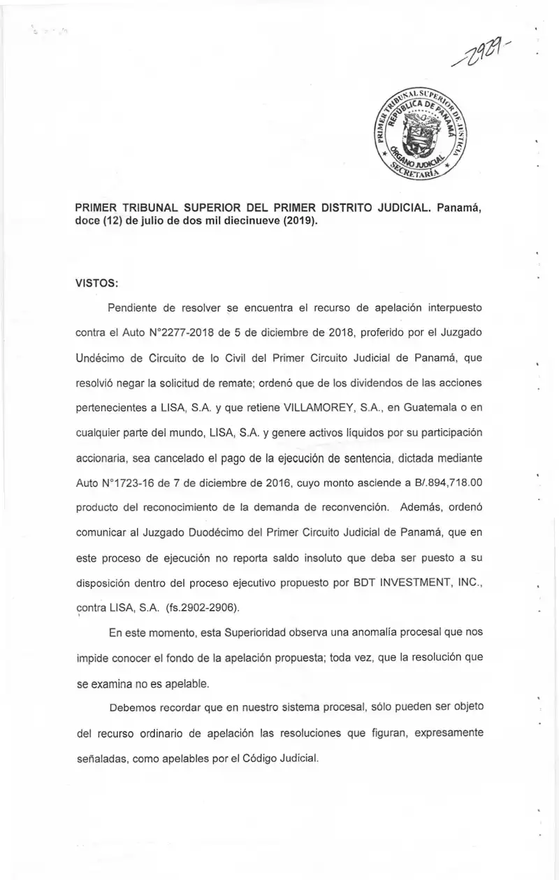 Tribunal declines review of Order 2277-2018