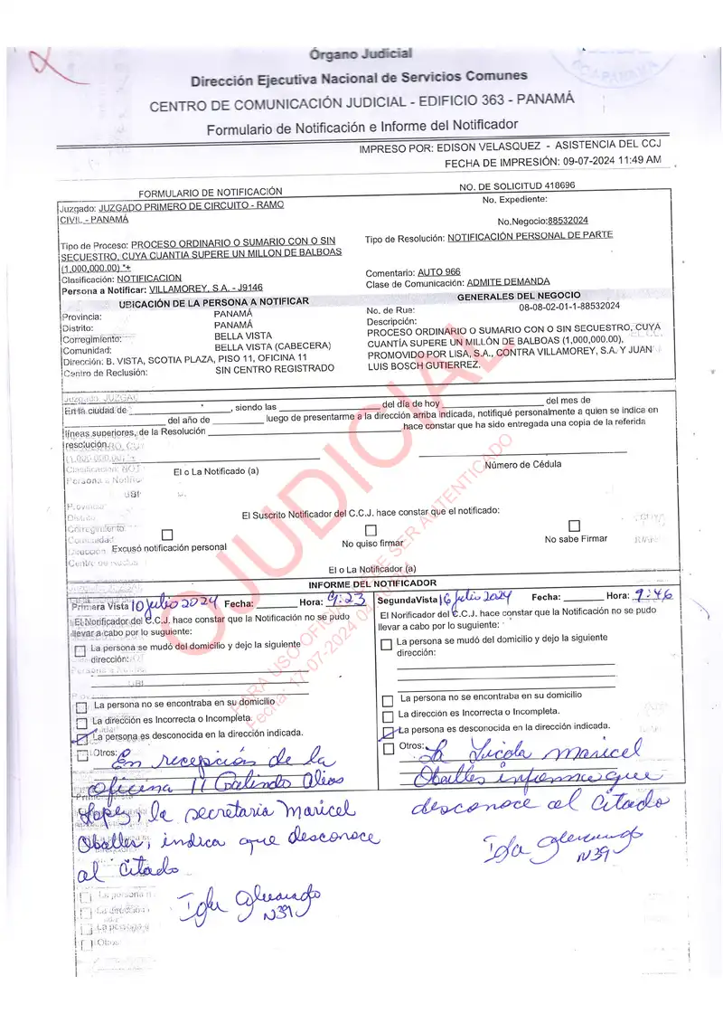 Repeated failed attempts to notify Villamorey