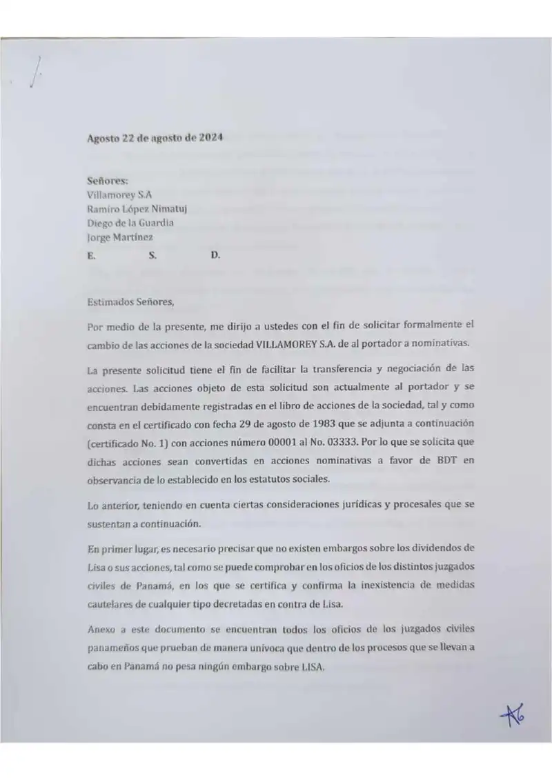 Solicitud de Conversión de Acciones al Portador a Nominativas