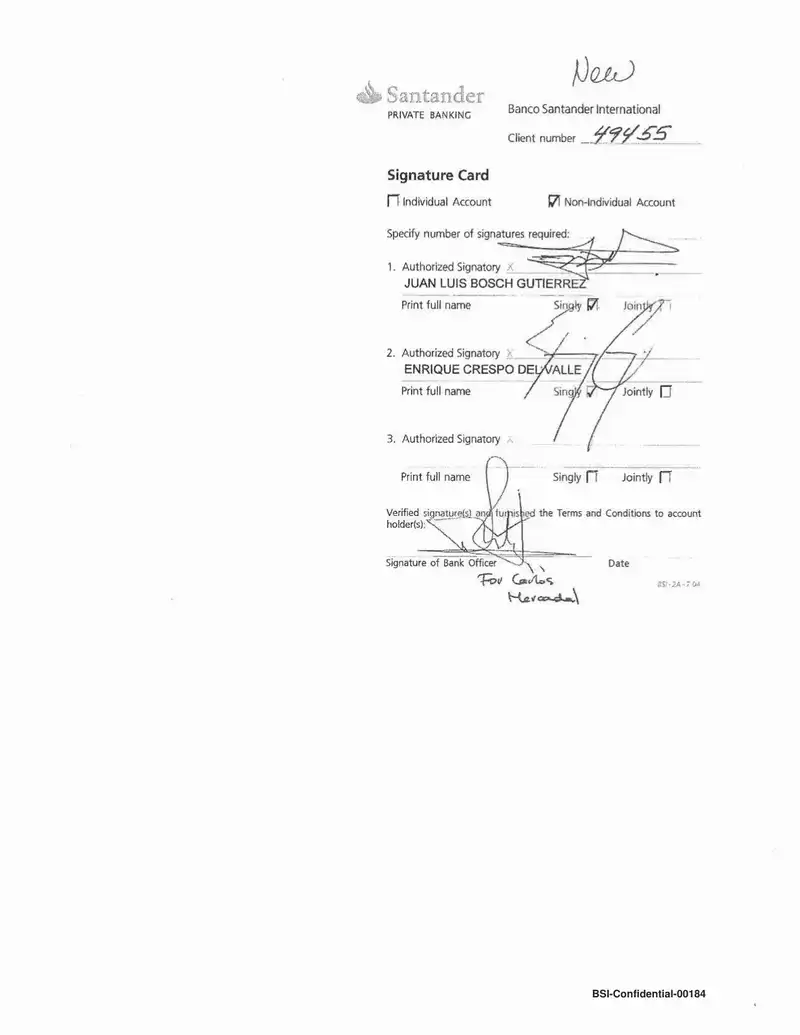 Tarjeta de Firmas – Banco Santander International (Cuenta de Villamorey, S.A.)