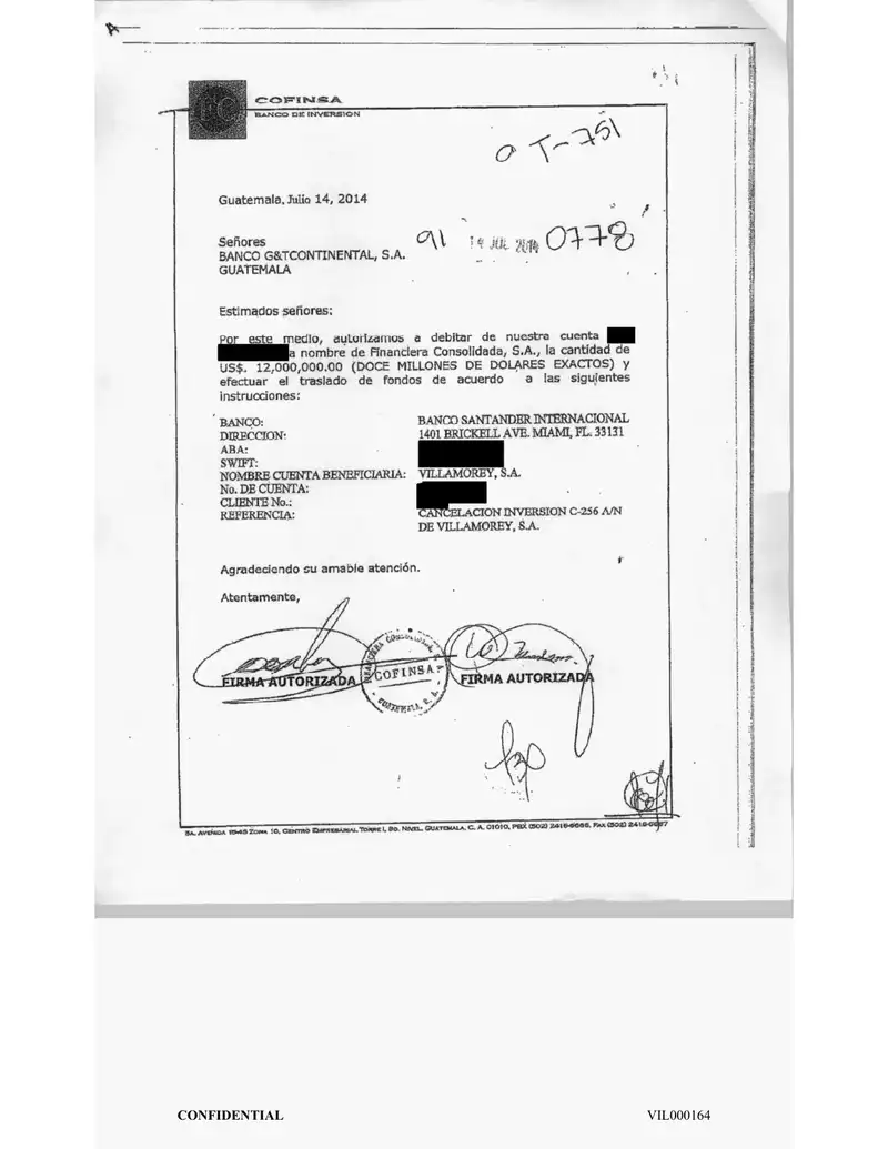 Transferencia de $12,000,000 a favor de Villamorey, S.A. – Cofinsa