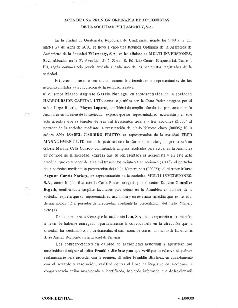 Preview image for Acta de la Reunión Ordinaria de Accionistas de Villamorey, S.A. – 2010