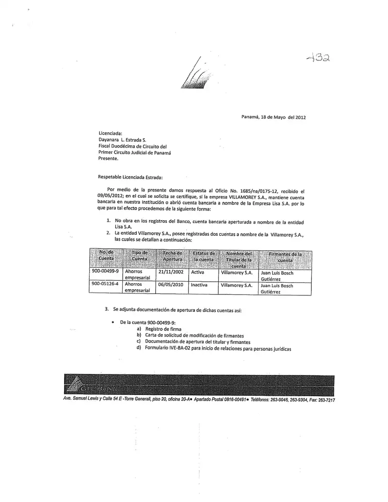 Reporte de cuentas de Villamorey, S.A. en GTC Bank
