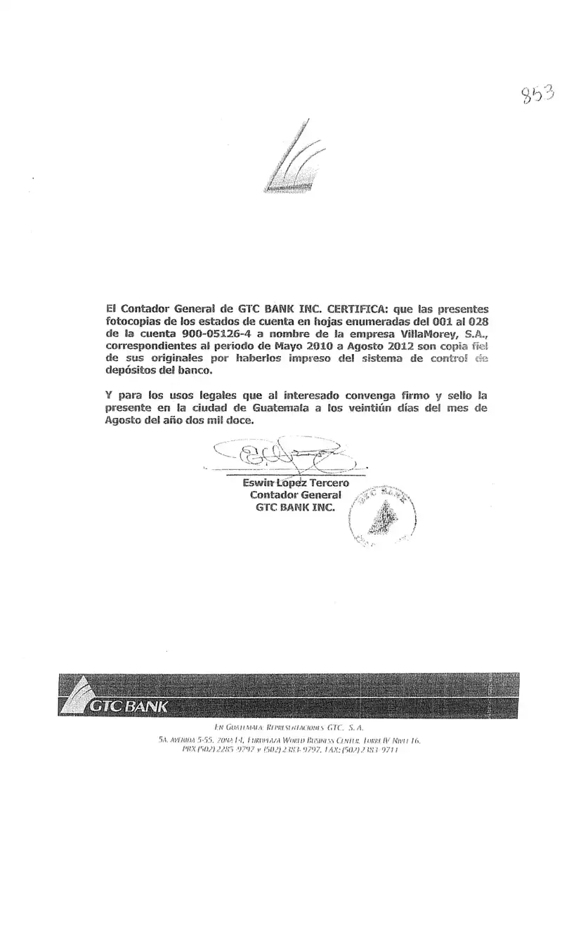 Estados de Cuenta de Villamorey, S.A. en GTC Bank (2010–2012)