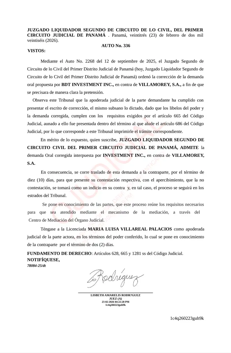 Preview of Admite demanda corregida contra Villamorey