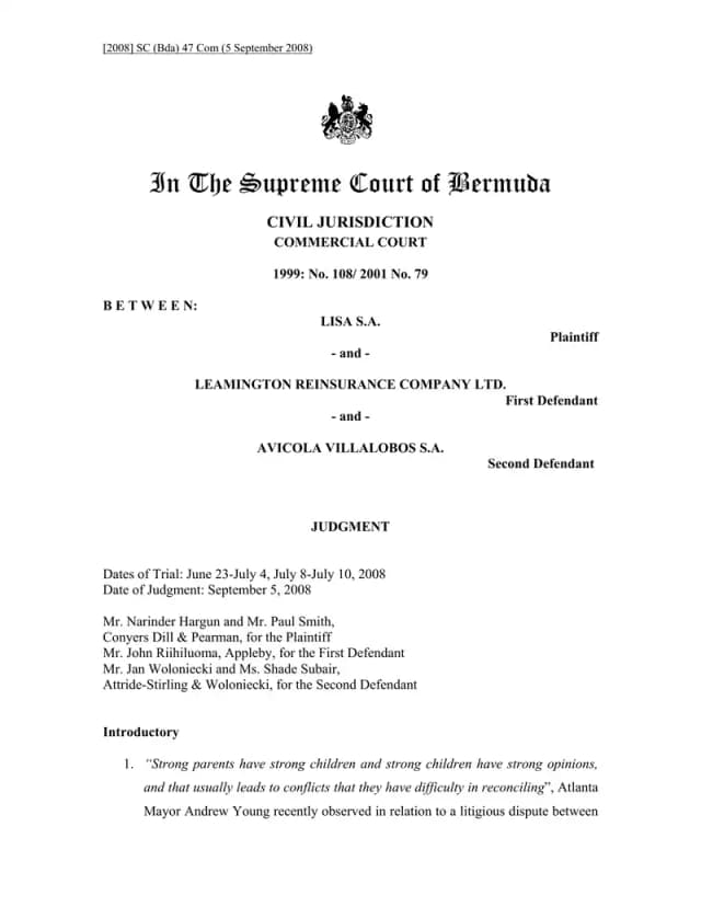 The Supreme Court of Bermuda orders Leamington Reinsurance to pay $1,954,104.14 plus interest after finding its transportation reinsurance policies were a sham used to divert Avícola Group dividends away from Lisa, S.A.