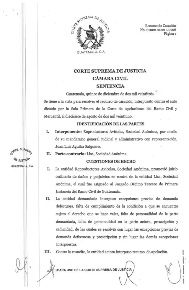 La Cámara Civil de la Corte Suprema desestima el recurso de casación de Reproductores Avícolas y confirma la prescripción de la acción de daños y perjuicios de Q30,269,808.59 contra Lisa, S.A.