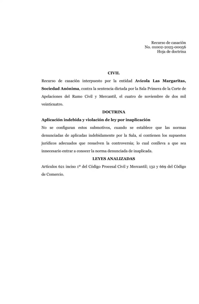 The Civil Chamber of the Supreme Court dismissed Avícola Las Margaritas' cassation appeal, confirming that Lisa, S.A.'s dividends are not subject to prescription.