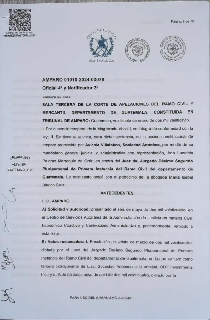 The Third Court of Appeals denied Avícola Villalobos's amparo challenging BDT Investments Inc.'s admission as Lisa, S.A.'s supporting co-party in the dividend prescription proceeding, with costs and a fine.