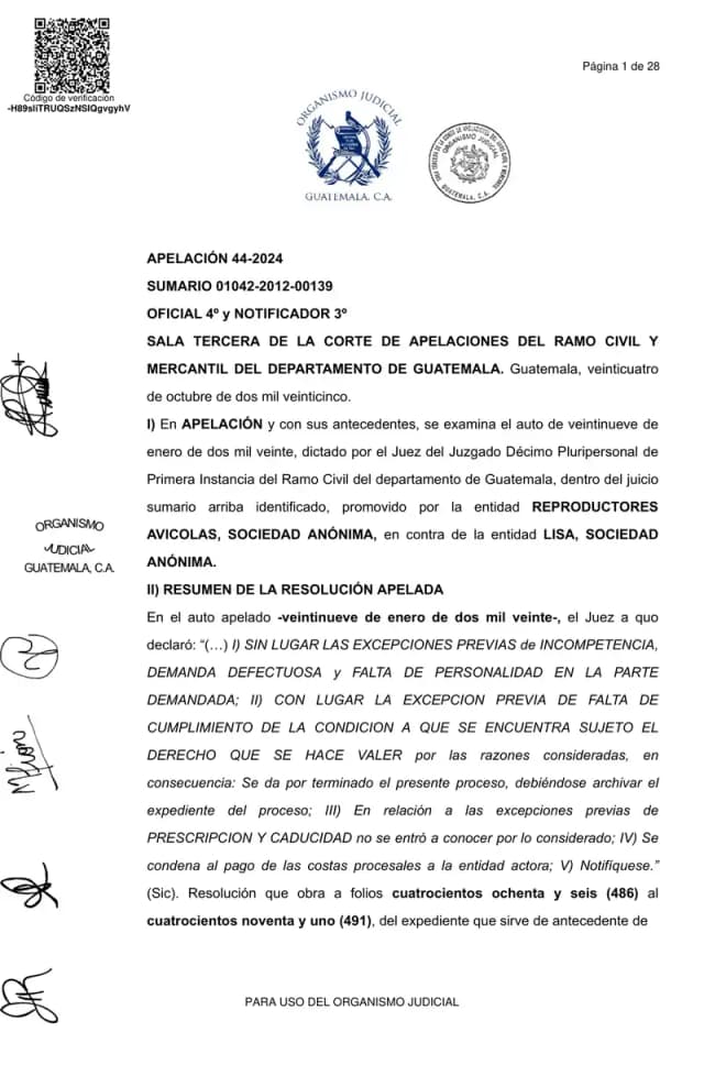 The Third Chamber of the Court of Appeals denied both appeals and confirmed that the damages claim by Reproductores Avícolas against Lisa, S.A. was premature because the shareholder exclusion had not become final.