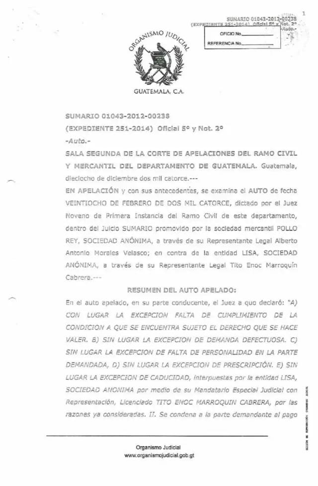 Second Chamber of the Court of Appeals upholds the order finding Pollo Rey's damages claim against Lisa, S.A. premature while the shareholder exclusion agreement remains contested.