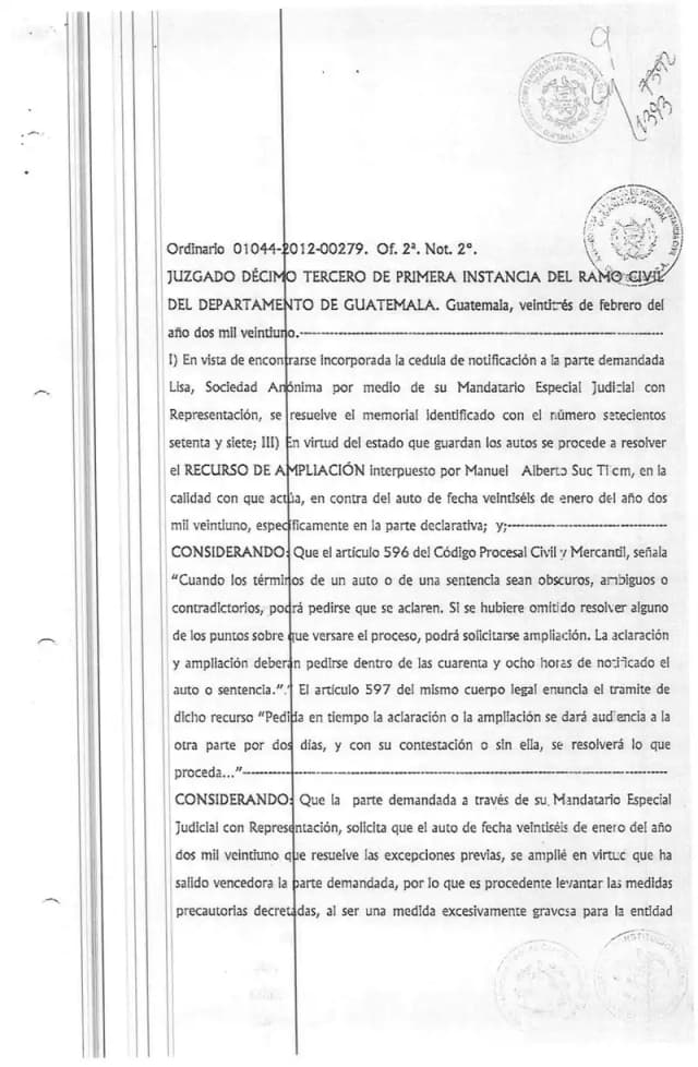 The Thirteenth Civil Court grants Lisa, S.A.'s motion for amplification and expressly orders the lifting of all precautionary measures after declaring the damages claim time-barred.
