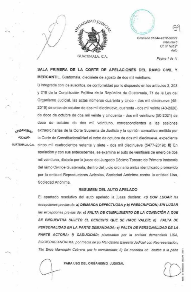 La Sala Primera de la Corte de Apelaciones confirma la desestimación de la demanda de daños y perjuicios por Q30,269,808.59 promovida por Reproductores Avícolas contra Lisa, S.A., por defectuosa y prescrita.