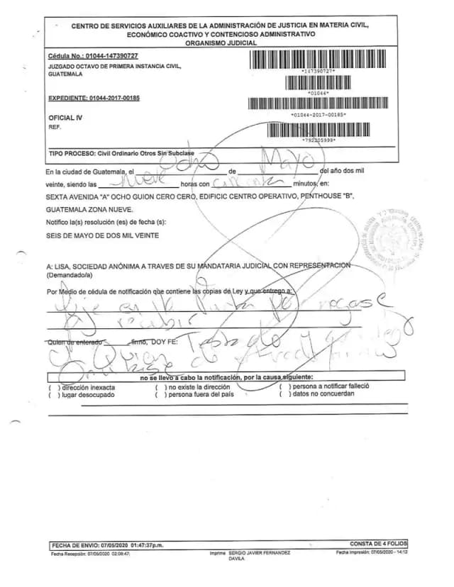 El Juzgado Octavo Civil, en cumplimiento de amparo de la Corte de Constitucionalidad, revoca el decreto que admitió la demanda de Inversiones Empresariales en la vía ordinaria y la rechaza por corresponder al juicio sumario mercantil.