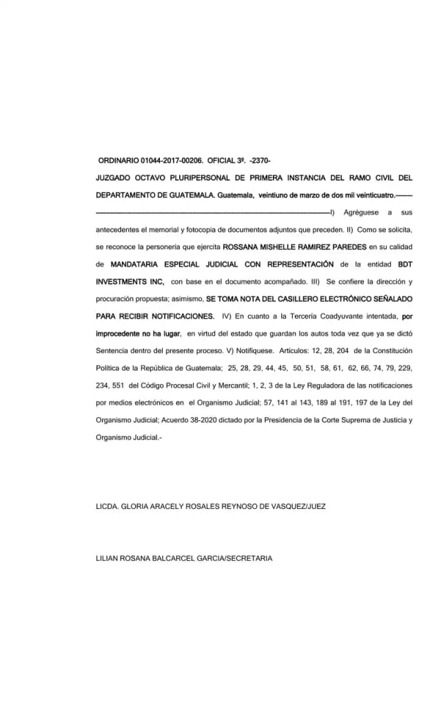 The Eighth Civil Court recognized BDT Investments Inc.'s representation but denied its third-party intervention in the dividend prescription case against Lisa, S.A., because judgment had already been issued.