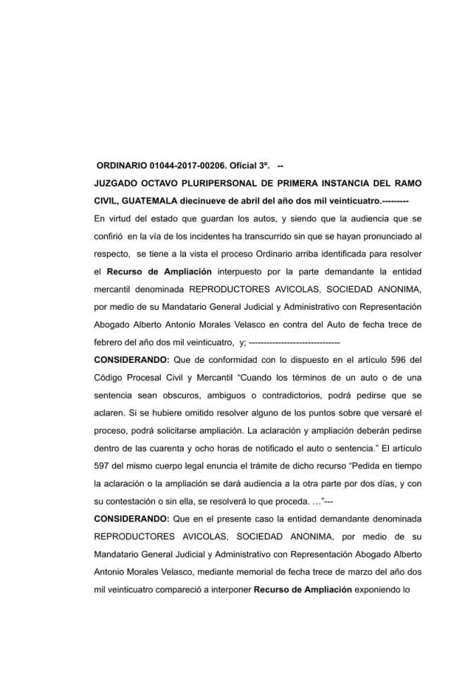 The Eighth Civil Court of First Instance denies Reproductores Avícolas, S.A.'s motion for amplification challenging BDT Investments Inc.'s standing to exercise shareholder rights of Lisa, S.A.