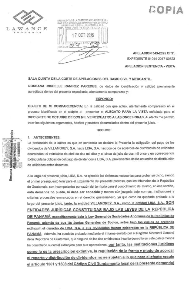 Lisa, S.A. presenta alegato ante la Sala Quinta de Apelaciones sosteniendo que los tribunales guatemaltecos carecen de competencia sobre sociedades panameñas y que los embargos vigentes impiden la prescripción de dividendos.