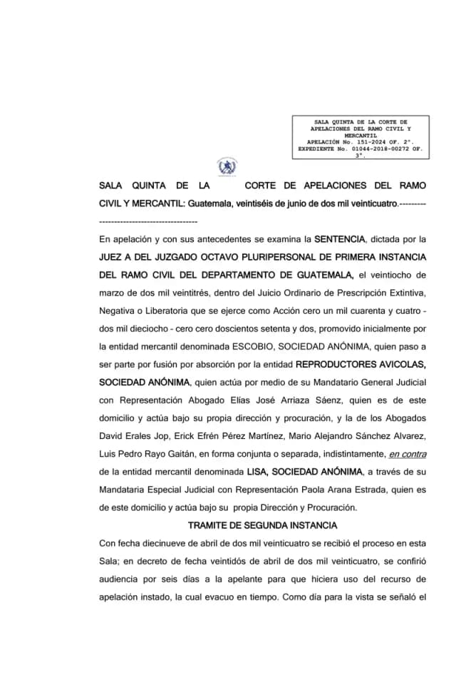 La Sala Quinta de la Corte de Apelaciones revocó el fallo de primera instancia y declaró prescrita y extinguida la obligación de pago de dividendos de Reproductores Avícolas a favor de Lisa, S.A., derivada de la asamblea de accionistas del 31 de mayo de 2012.
