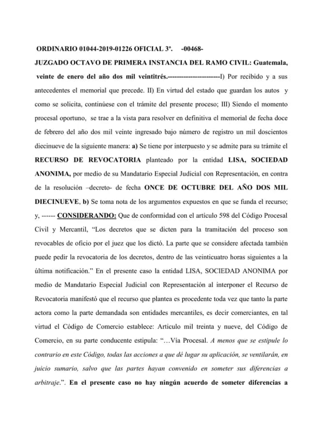 El Juzgado Octavo Civil declara con lugar la revocatoria de Lisa, S.A. y rechaza la demanda ordinaria de prescripción extintiva de dividendos de Inversiones Empresariales, S.A., por corresponder la vía sumaria.