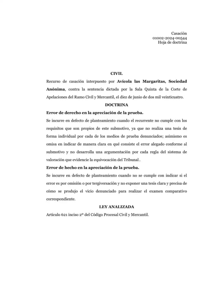 The Supreme Court, Civil Chamber, dismissed Avícola Las Margaritas' cassation against the ruling that rejected its abuse-of-rights lawsuit against Lisa, S.A., finding fatal defects of argumentation on both error-of-law and error-of-fact grounds.