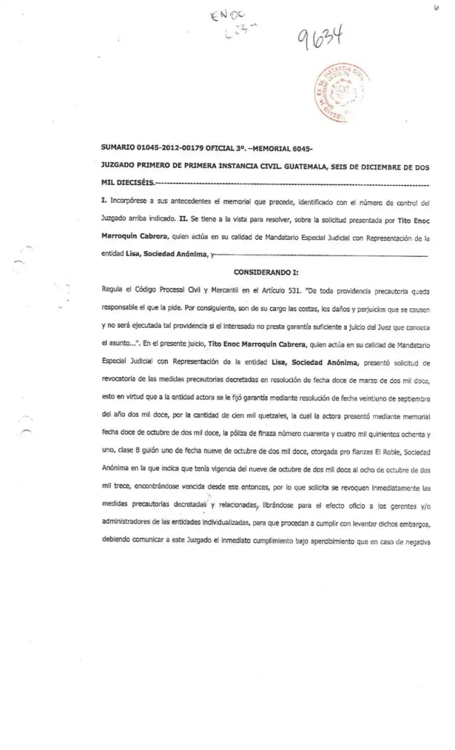The First Civil Court revoked precautionary measures against Lisa, S.A., finding that the Q100,000 guarantee bond posted by Agroprocesos Avícolas had expired in October 2013 without renewal.