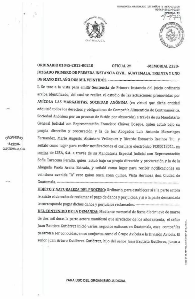 Guatemala's 1st Civil Court dismissed a Q4,467,032.32 damages claim by Avícola Las Margaritas against Lisa, S.A., finding the acts were committed by third parties with no proven direct link to the defendant.