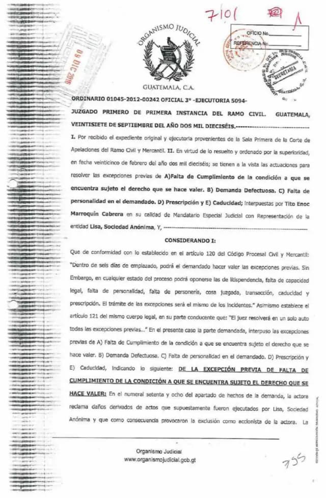 The First Civil Court granted Lisa, S.A.'s exceptions of unfulfilled condition, lack of standing, and prescription, blocking the damages claim filed by Industria Forrajera de Mazatenango.