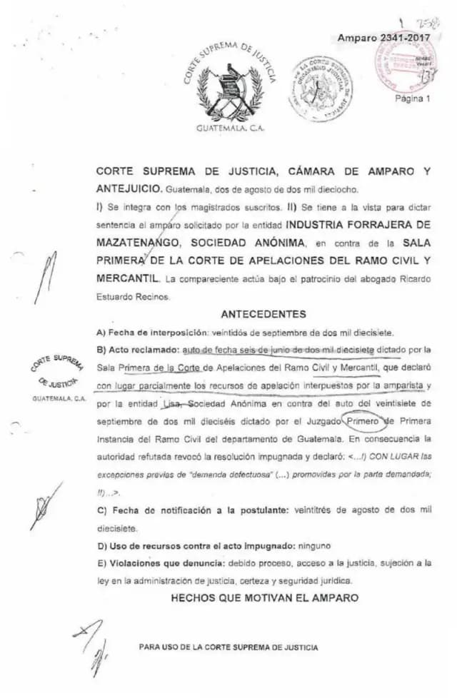 La Corte Suprema denegó el amparo de Industria Forrajera de Mazatenango contra la resolución que declaró defectuosa su demanda de daños y perjuicios contra Lisa, S.A., cerrando el proceso definitivamente.