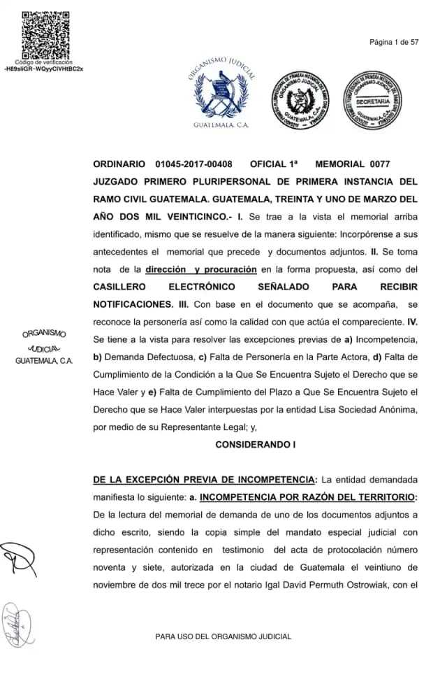 Guatemala's First Pluripersonal Civil Court denies all five preliminary exceptions filed by Lisa, S.A., including lack of jurisdiction and defective complaint, allowing the dividend prescription proceeding brought by Inversiones Torre Nova, S.A. to advance to the merits phase.