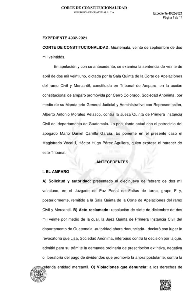 The Constitutional Court confirmed rejection of Cerro Colorado's ordinary lawsuit for extinctive prescription of dividends against Lisa, S.A., ruling that summary proceedings were required under the Commercial Code.