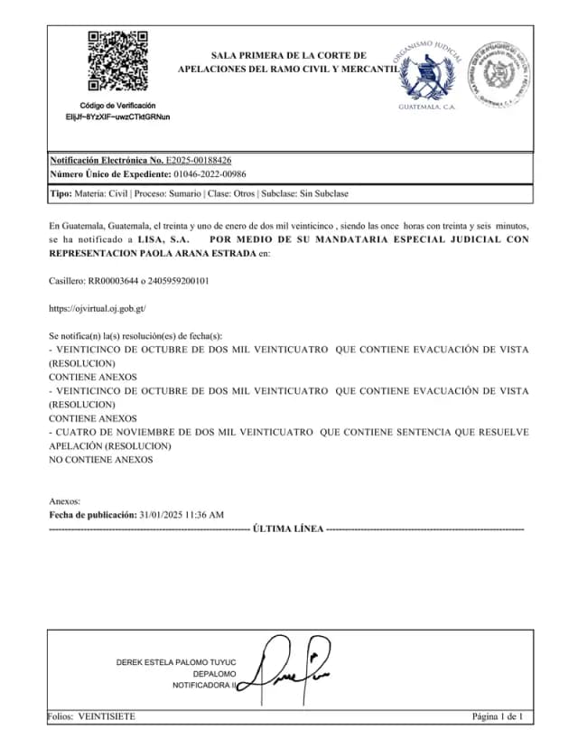 La Sala Primera de Apelaciones confirmó el rechazo de la prescripción extintiva de dividendos de Lisa, S.A. por falta de prueba sobre la exigibilidad, pero revocó las excepciones fundadas en medidas precautorias de terceros.
