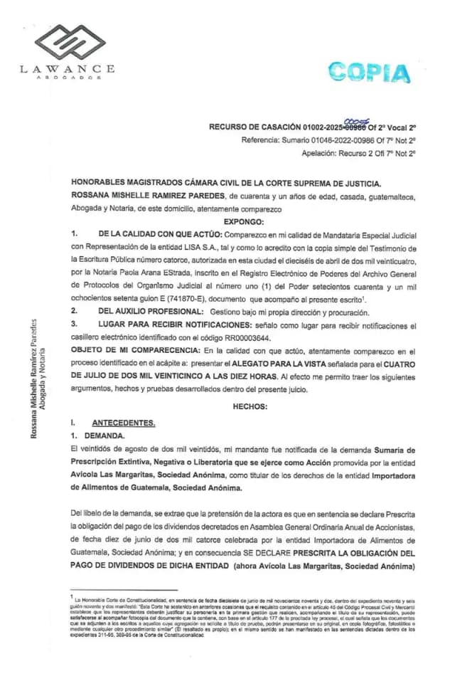 Lisa, S.A. files its defense plea before the Civil Chamber of the Supreme Court opposing Avícola Las Margaritas' cassation appeal, arguing the 2014 dividend payment obligation is conditional and unenforceable until the board of directors sets the payment date and form.