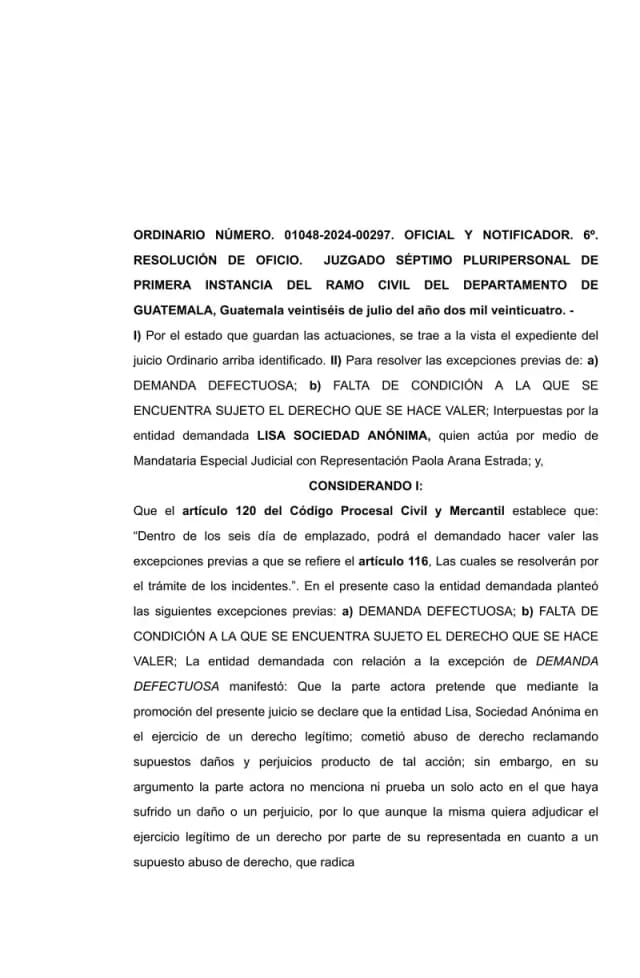 The Seventh Civil Court denied Lisa, S.A.'s preliminary exceptions of defective complaint and failure to meet condition, ruling they address the merits of Avícola Villalobos's abuse-of-rights lawsuit.