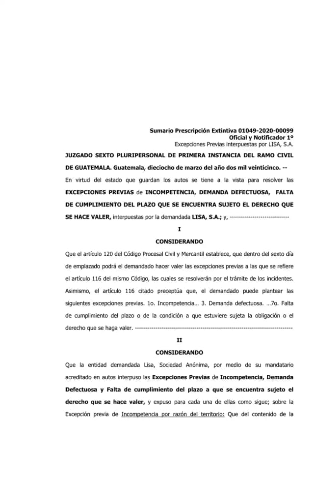 Sixth Civil Court of Guatemala denies Lisa's objections of incompetence, defective claim, and lack of maturity, clearing the dividend prescription case for merits determination.