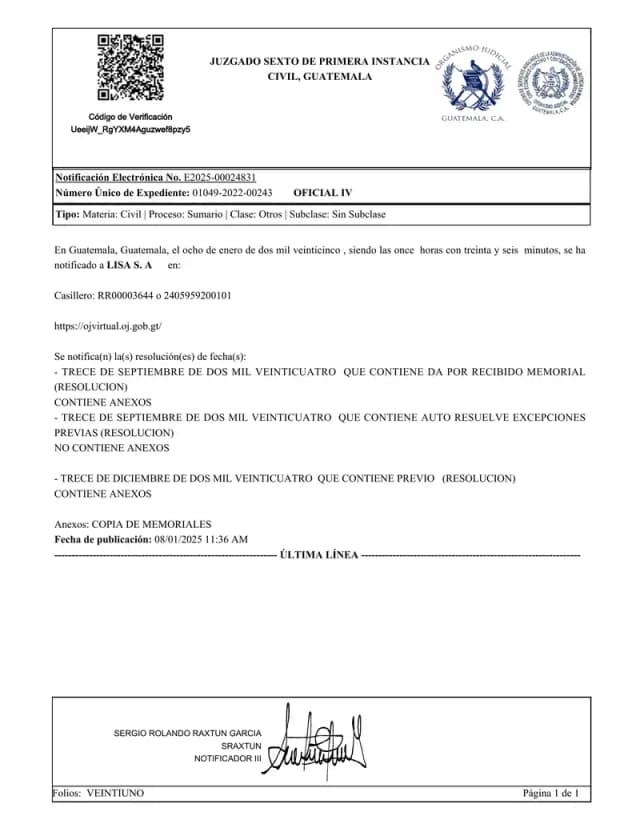Guatemala's Sixth Civil Court sustained Lisa, S.A.'s jurisdictional objection and referred Inversiones Torre Nova's dividend prescription claim to arbitration, imposing costs on the plaintiff.