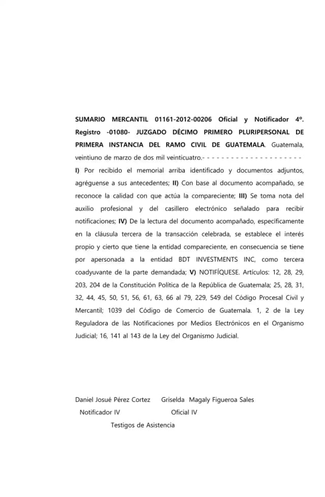 El Juzgado Décimo Primero de Primera Instancia Civil admite a BDT Investments Inc. como tercera coadyuvante de Lisa, S.A. con base en la cláusula tercera de la transacción celebrada entre ambas entidades.
