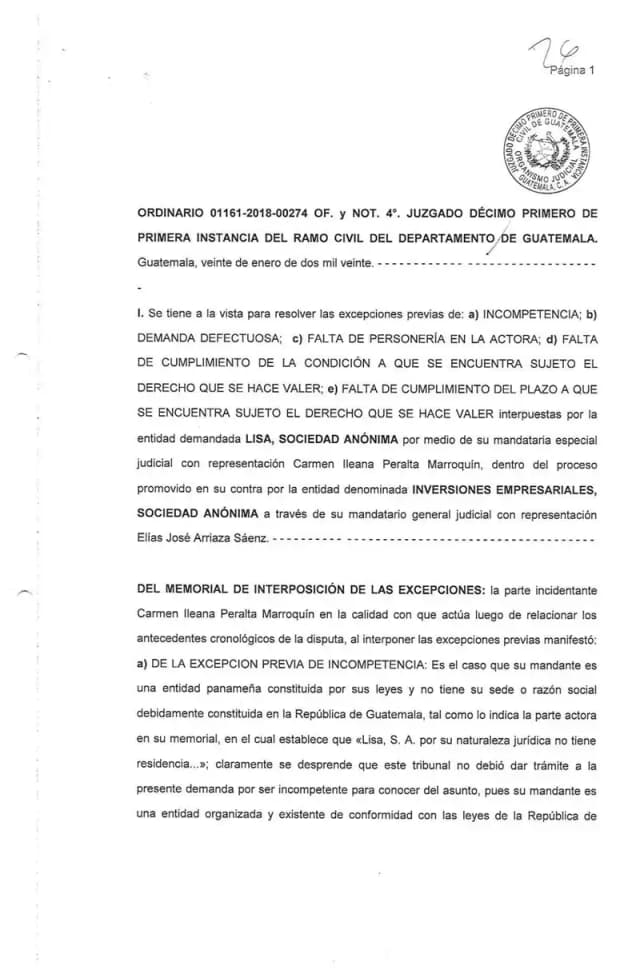 El Juzgado Décimo Primero Civil de Guatemala declaró con lugar la excepción de demanda defectuosa interpuesta por Lisa, S.A., rechazando la demanda ordinaria de prescripción extintiva de dividendos de Inversiones Empresariales, S.A. por haberse promovido en la vía incorrecta.