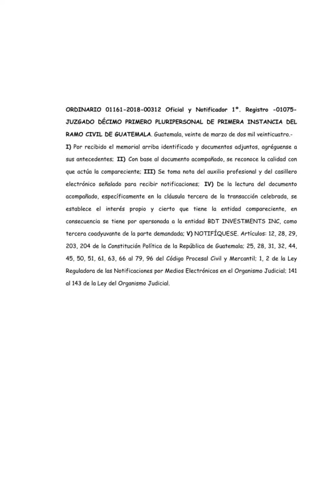 El Juzgado Undécimo Civil de Guatemala admite a BDT Investments Inc. como tercera coadyuvante de Lisa, S.A. al acreditar interés propio y cierto derivado de una transacción.