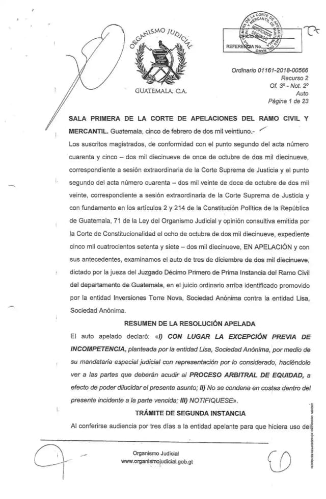 The First Chamber of the Court of Appeals upheld Lisa, S.A.'s incompetence exception and confirmed that the dividend prescription dispute must be resolved through equity arbitration under Torre Nova's corporate charter.