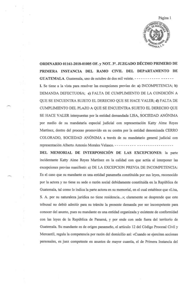 The Eleventh First Instance Civil Court sustains Lisa, S.A.'s defective complaint objection and rejects Cerro Colorado, S.A.'s ordinary extinctive prescription action over dividends, ruling that the dispute must proceed through summary proceedings.