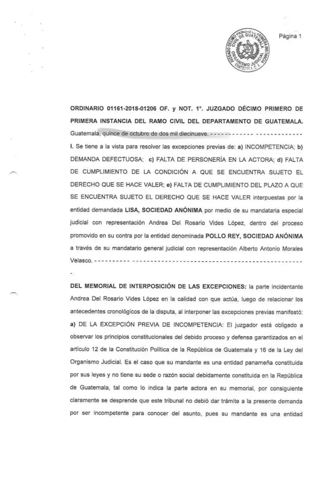 Eleventh Circuit Civil Court sustains Lisa, S.A.'s incompetence exception and orders Pollo Rey's dividend prescription claim resolved through equity arbitration.